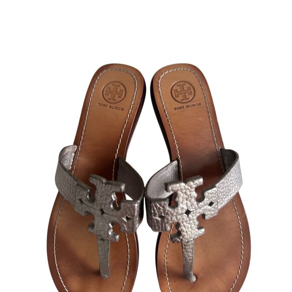 TORY BURCH Silver Pewter Leather Logo Sandals Size 10 - Picture 3 of 8